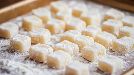 Homemade pasta dish featuring freshly made gnocchi on a wooden surface dusted with flourの素材