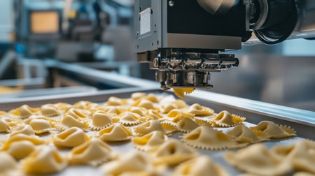 Automated pasta production equipment shapes ravioli in a busy food manufacturing facilityの素材