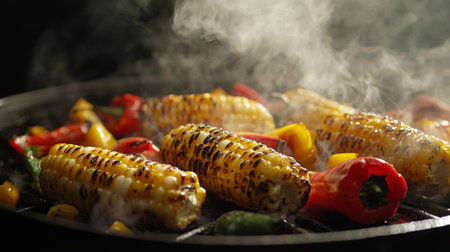 Grilled corn and peppers create a flavorful dish at a summer barbecue gatheringの素材