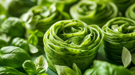 Creative presentation of fresh green pasta shaped like rosesの素材