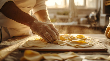 Crafting homemade pasta in a sunlit kitchen during a relaxing afternoonの素材