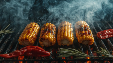Grilled corn on the cob with spices and herbs over an open flame creating a smoky aromaの素材