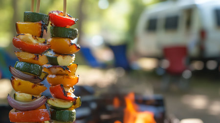 Grilled vegetable skewers prepared over an open flame during a camping trip in natureの素材