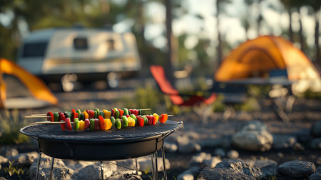 Grilled skewers baking under the sun at a lively camping site surrounded by natureの素材
