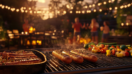 Grilled food sizzling on barbecue with friends enjoying a summer eveningの素材