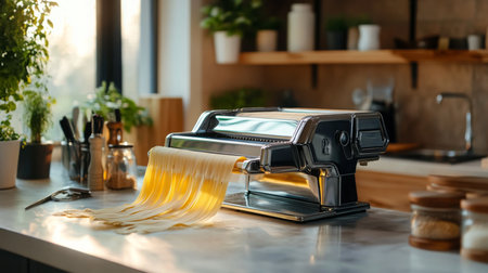 Creating fresh pasta using a classic pasta machine in a modern kitchenの素材