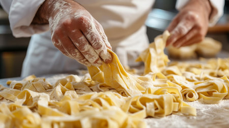 Mastering the art of handmade pasta in a bustling kitchen environmentの素材