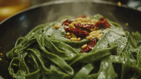 Freshly prepared green pasta with sun-dried tomatoes and pine nuts served in a warm dishの素材