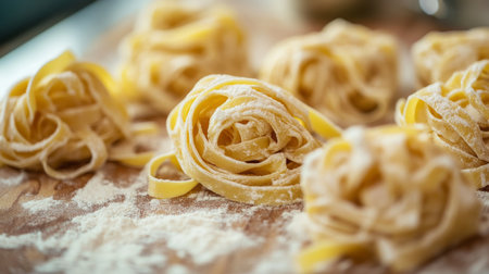 Freshly made pasta resting on a wooden surface ready for cooking and serving with sauceの素材