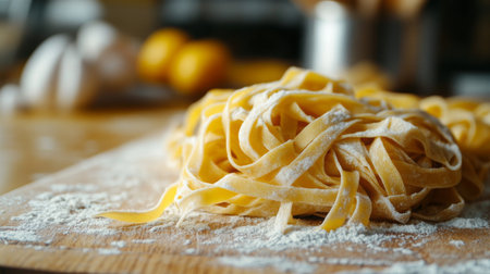 Freshly made pasta rests on a wooden surface surrounded by kitchen ingredientsの素材