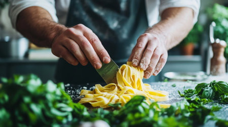 Expert chef preparing fresh pasta with herbs in a cozy kitchenの素材
