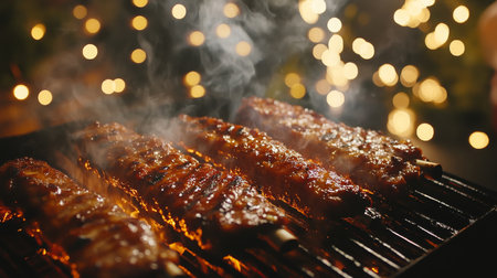 Grilled ribs cooking on a barbecue with festive lights in the background during nighttimeの素材