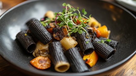Unique ai pasta dish garnished with fresh herbs and colorful vegetables in a stylish bowlの素材