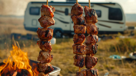 Grilled skewers cook by the fire near a camping trailer in the countrysideの素材