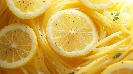 Delicious lemon pasta dish garnished with fresh lemon slices and black pepperの素材