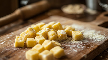 Handmade pasta preparing on a wooden surface in an inviting kitchenの素材
