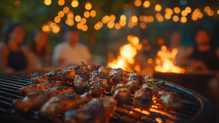 Grilled food at a lively gathering under twinkling lights during a warm eveningの素材