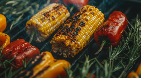 Grilled corn and peppers with rosemary on a barbecue at sunsetの素材