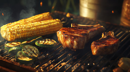 Juicy grilled meats and vegetables on an outdoor barbecue during summer gatheringの素材