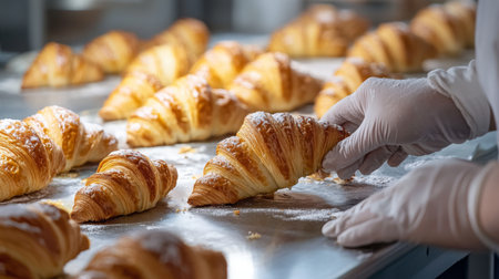 Freshly baked croissants being handled on a food production line in a bakeryの素材