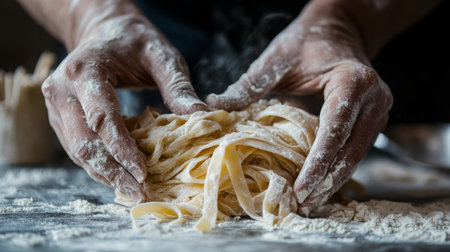 Hands skillfully shaping fresh pasta dough in a cozy kitchenの素材