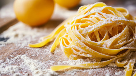 Freshly made pasta with eggs and flour on wooden surface ready for cookingの素材