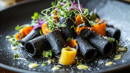 Creative black pasta dish with vegetables and microgreens served in a modern settingの素材