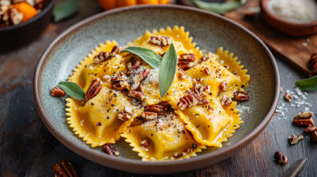 Delicious ai pasta with sage and pecans, presented in a rustic dishの素材