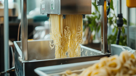 Fresh pasta being prepared in a professional kitchen with an automatic pasta machineの素材