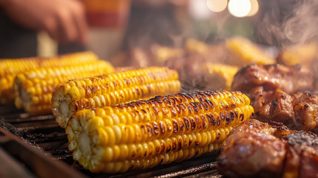 Grilled corn and meat cooking on an outdoor grill at a summer gatheringの素材