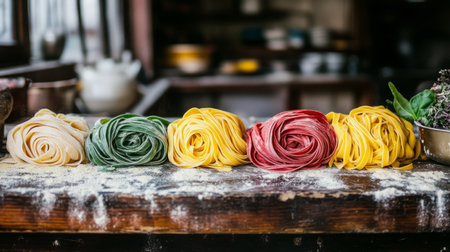 Colorful homemade pasta arranged in artistic rose shapes on rustic wooden table in kitchenの素材