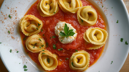 Delicious creamy pasta dish served in rich tomato sauce at a cozy Italian restaurantの素材