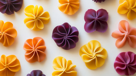 Innovative pasta dish in vibrant colors arranged artistically on a tableの素材