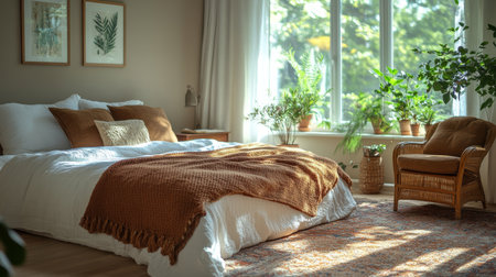 Cozy bedroom with plants and natural light creating a serene atmosphere for relaxation and comfort in a modern home. Generative AIの素材