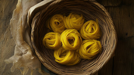 Freshly made pasta arranged neatly in a woven basket on a rustic wooden surfaceの素材