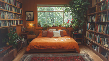 Cozy bedroom with orange bedding and bookshelves filled with greenery and literature in a serene setting. Generative AIの素材