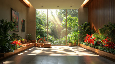 Serene indoor space with large windows showcasing vibrant plants and natures light. Generative AIの素材