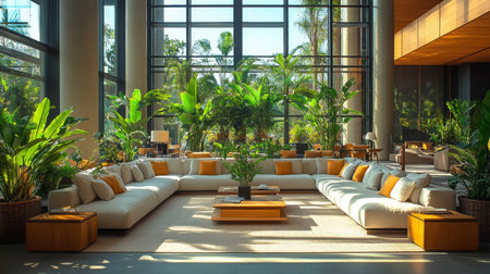 Cozy lounge area filled with greenery and bright sunlight in a modern architectural setting. Generative AIの素材