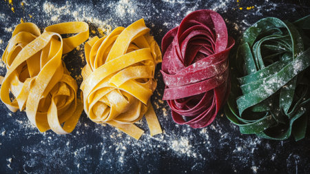 Vibrant homemade pasta in various colors arranged on a rustic surfaceの素材
