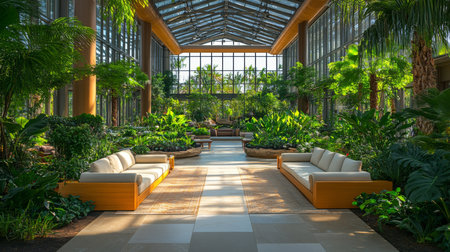Lush indoor garden with bright sunlight and cozy seating areas for relaxation in a tranquil atmosphere. Generative AIの素材