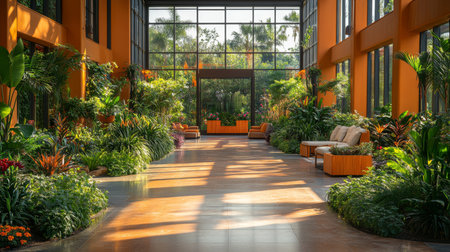 Bright corridor adorned with lush plants and natural light in a modern tropical setting. Generative AIの素材