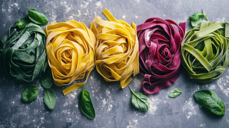 Colorful pasta varieties arranged beautifully on a surface with fresh spinach accentsの素材