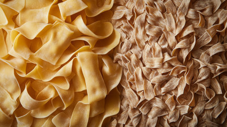 Different types of pasta showcase natural textures and colors on a wooden surfaceの素材