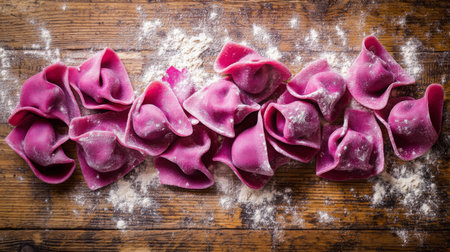 Vibrant purple pasta dough arranged on a wooden surface ready for culinary preparationの素材