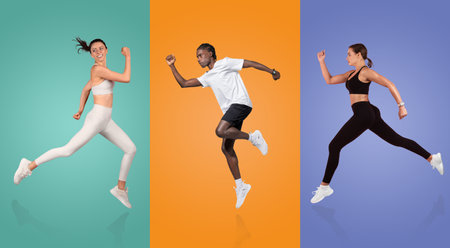Athletes showcasing dynamic running poses against vibrant colored backgroundsの写真素材