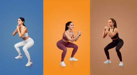 Women demonstrating squat exercises in vibrant studio backgrounds at eveningの写真素材