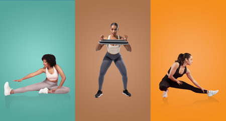 Three women engaged in various fitness activities on colorful backgroundsの写真素材