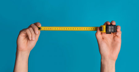 House renovation. Unrecognizable repairman holding tape measure on blue background, closeup. Panoramaの写真素材