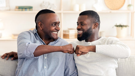 Father-Son Relationships. Adult Black Man And Senior Father Bumping Fists At Homeの写真素材
