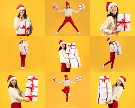 Joyful woman in festive attire celebrating Christmas with giftsの写真素材